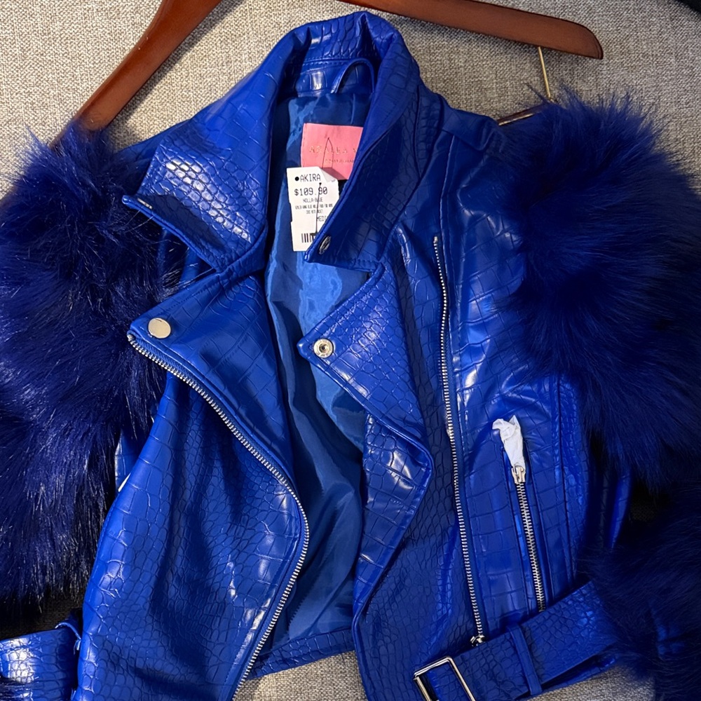 AKIRA Royal Blue Croc-Embossed Leather Jacket